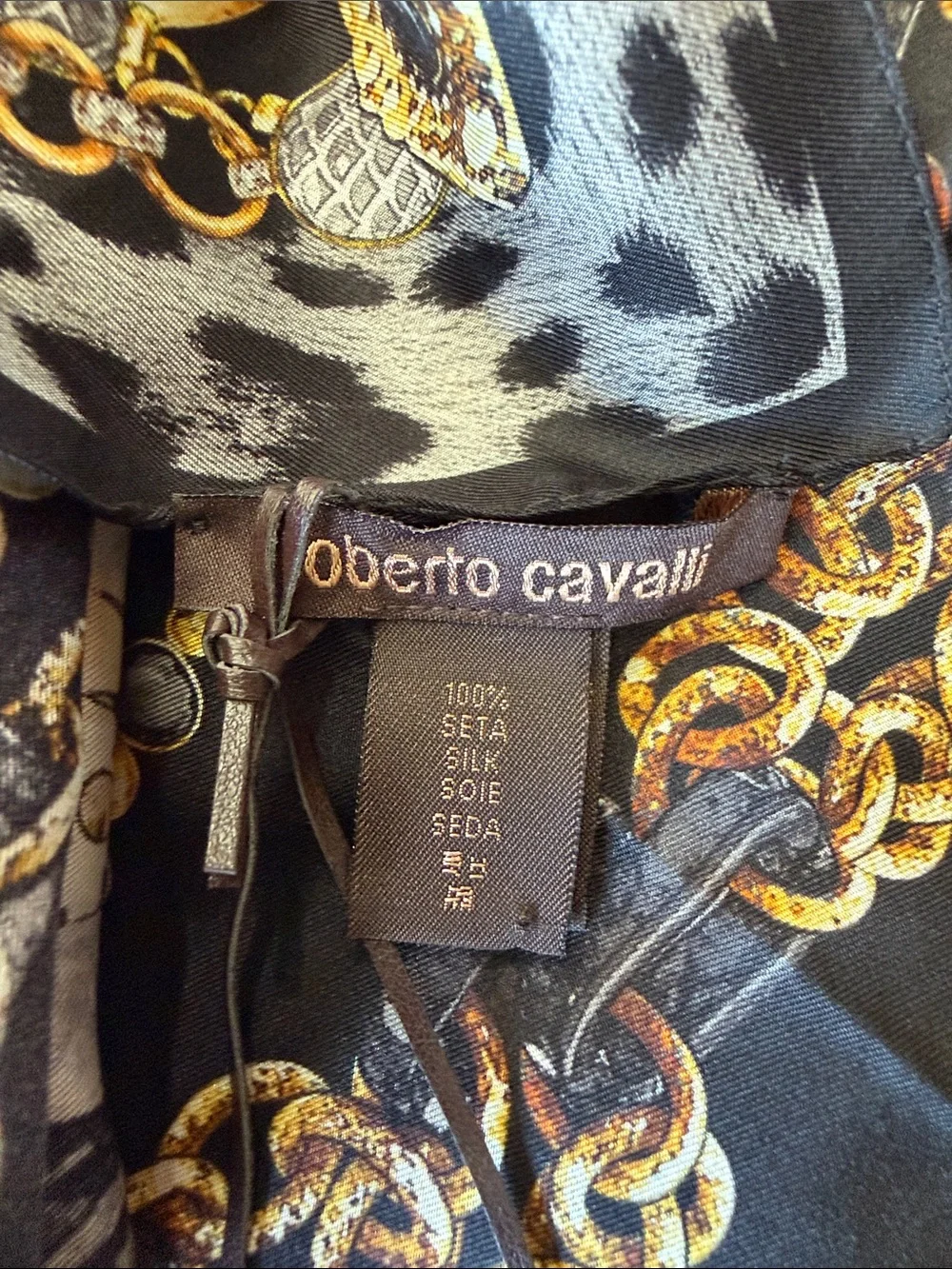 Roberto Cavalli Black and Gold Chain & Snake Motif Silk Scarf